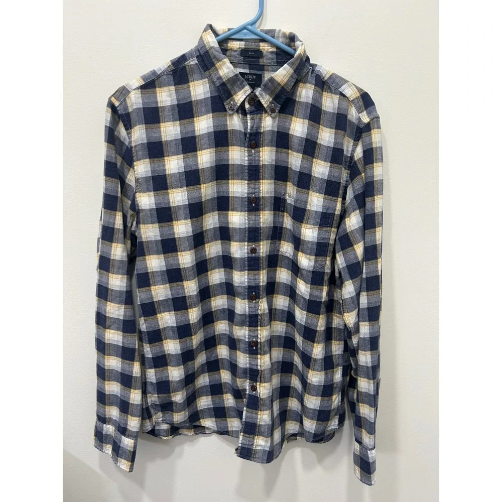 J.Crew Homespun Slim Fit Plaid Button Down‎ Shirt Mens Large Navy Blue Yellow
